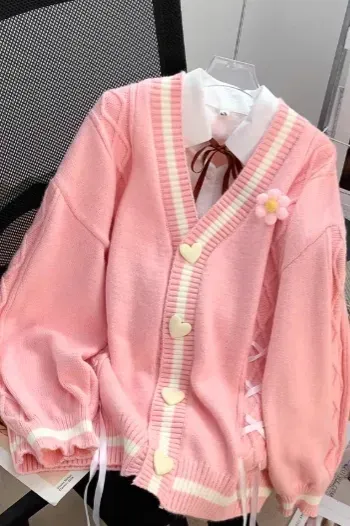 Pink Buttoned V-Neck Cardigan - Image 1