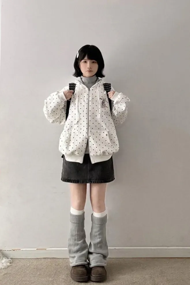 White Polka Dot Oversized Zipper Sweatshirt - Image 1