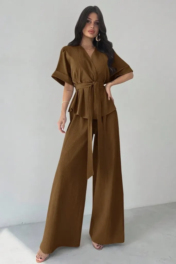Brown Solid V-Neck Tie-Up Co-Ord Set - Image 1