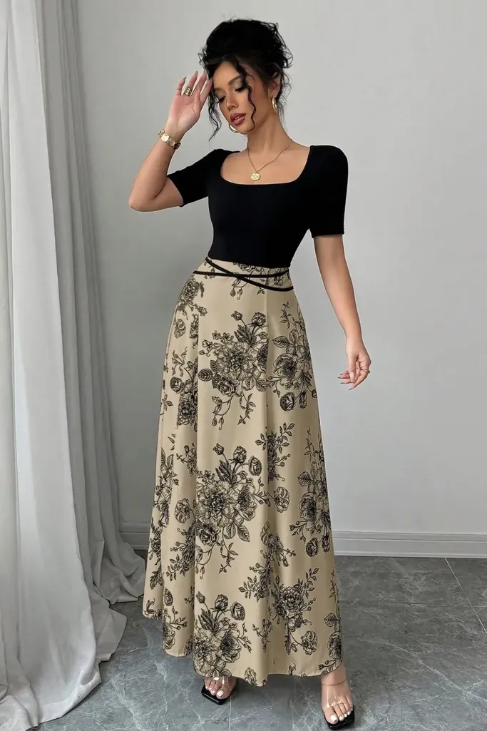 Black Floral Square Neck Maxi Dress - Image 1