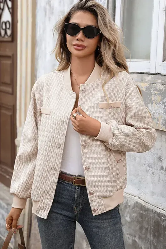 Beige Check Button Down Jacket - Image 1