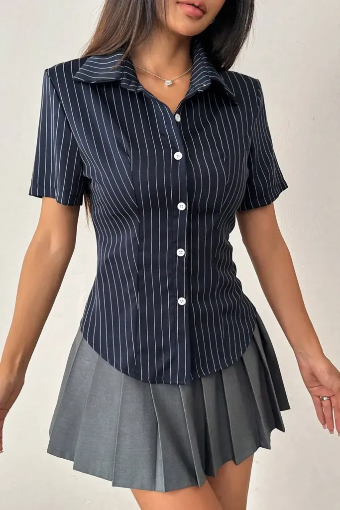 Navy Blue Pinstripe Button Down Shirt - Image 1