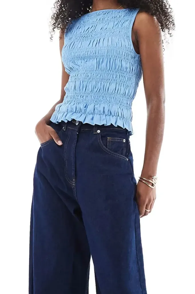 Blue Smocked Fitted Round Neck Top - Image 1