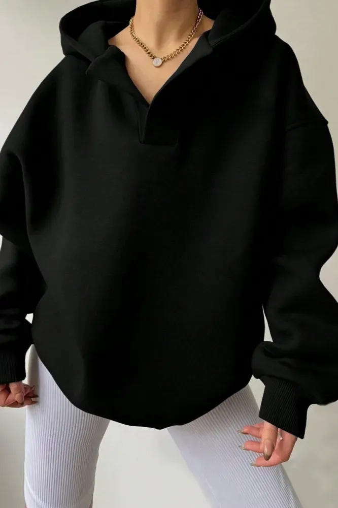 Black Oversized Hood Neck Sweatshirt - Image 1