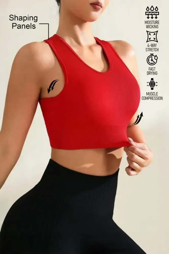 Red Solid Round Neck Sports Bra - NEWME