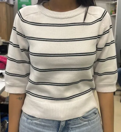 White Striped Baloon Sleeves Tshirt - Image 1