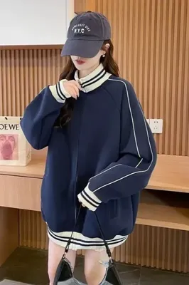 Navy Blue Oversized Zipper Jacket - NEWME