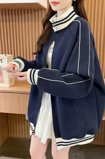 Navy Blue Oversized Zipper Jacket - NEWME