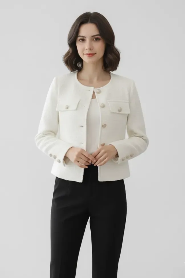 White Buttoned Tweed Jacket - NEWME