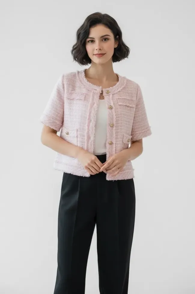 Pink Textured Button Down Tweed Jacket - NEWME