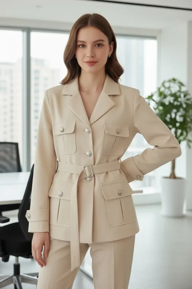Beige Lapel Collar Belted Blazer - Image 1