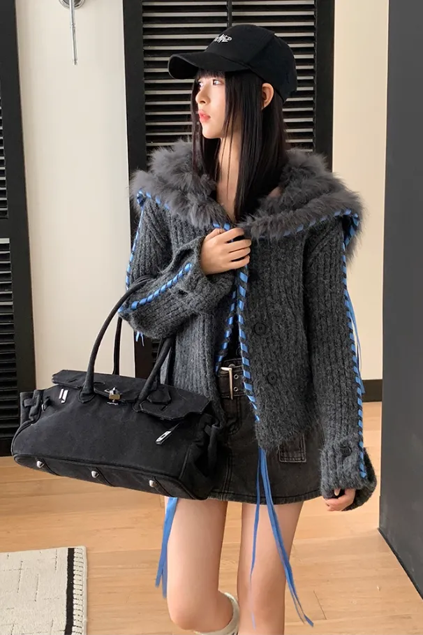 Dark Grey Fur Hooded Cardigan - Image 1