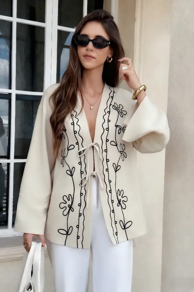 Cream Floral V-Neck Tie-Up Top - Image 1
