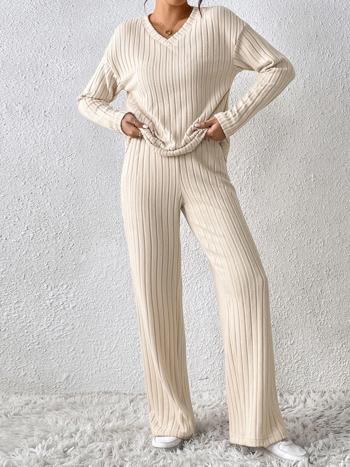 Cream Solid V-Neck Co-Ord Set