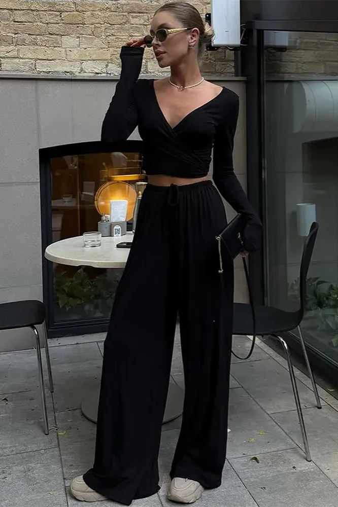 Black Solid V-Neck Co-Ord Set - Image 1