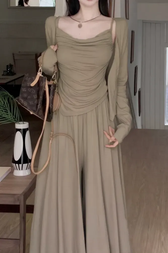 Brown Cowl Neck Co-Ord Set With Cardigan - Image 1
