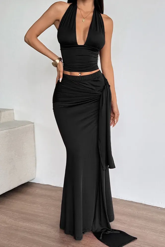 Black Halter Neck Ruffled Co-Ord Set - Image 1