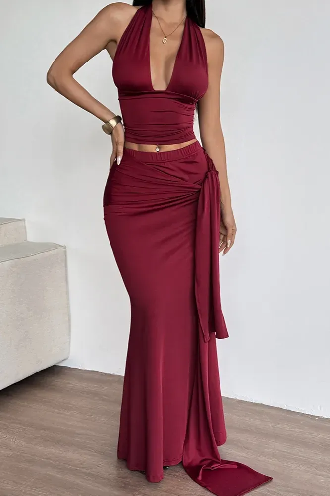 Maroon Halter Neck Ruffled Co-Ord Set - Image 1
