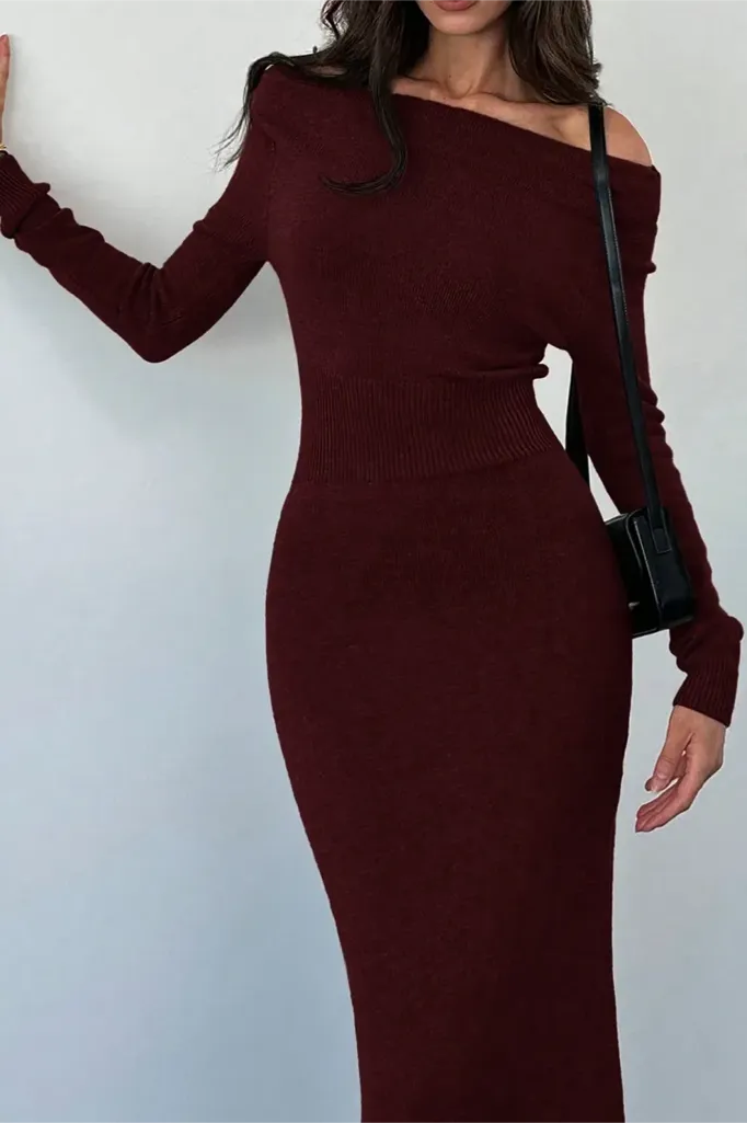 Maroon Off-Shoulder Bodycon Midi Dress - Image 1
