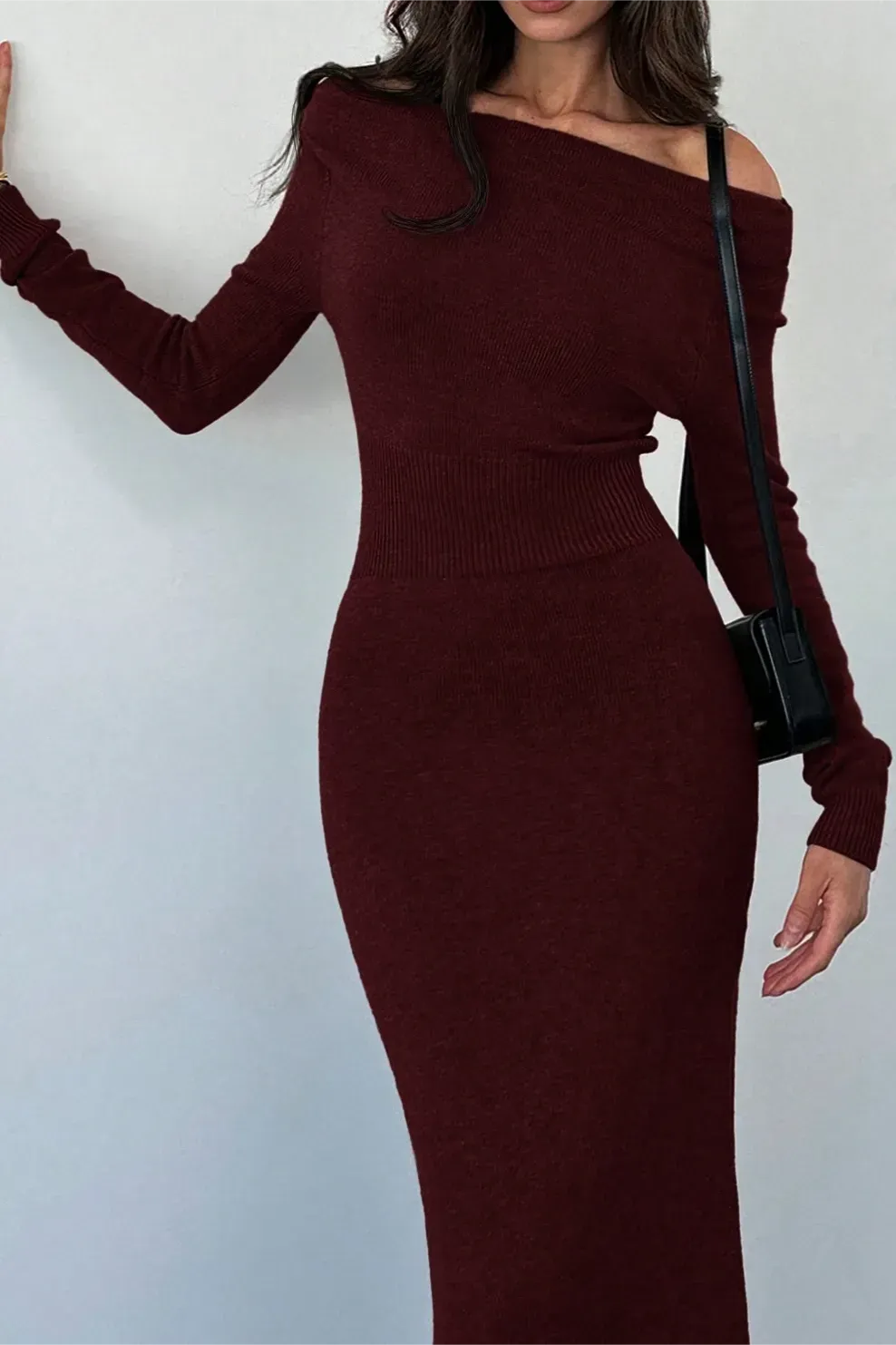 Maroon Off-Shoulder Bodycon Midi Dress