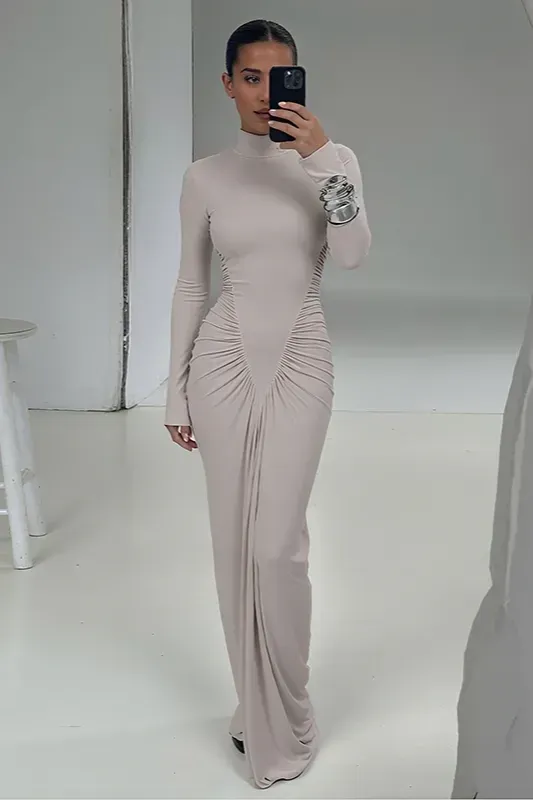 Grey Ruched High Neck Maxi Dress - Image 1