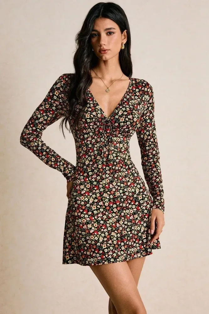 Black Floral V-Neck Mini Dress - Image 1