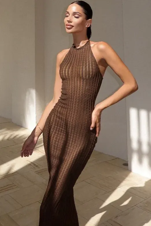 Brown Textured Bodycon Maxi Dress - Image 1
