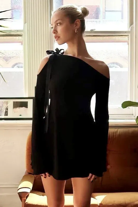 Black One-Shoulder Tie-Up Mini Dress - Image 1