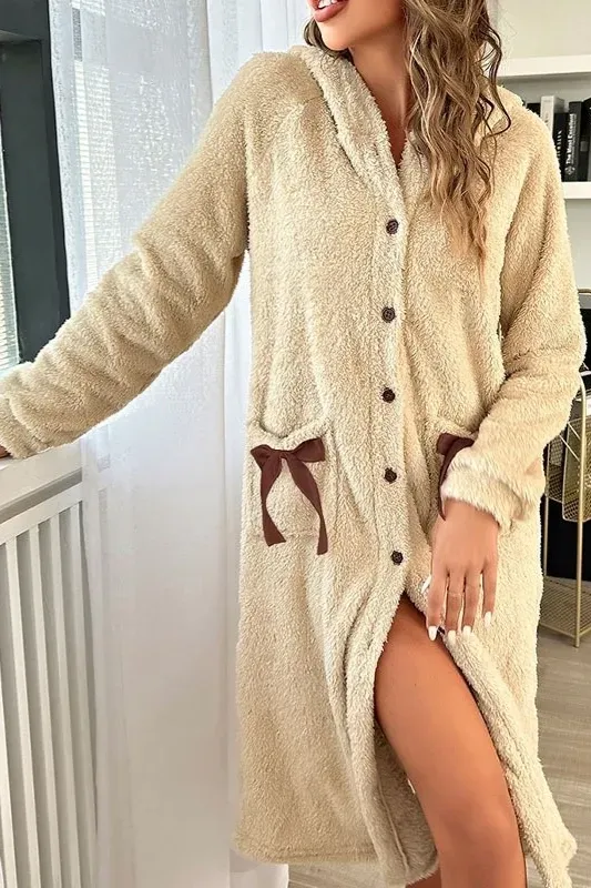 Beige Hood Neck Buttoned Lounge Dress