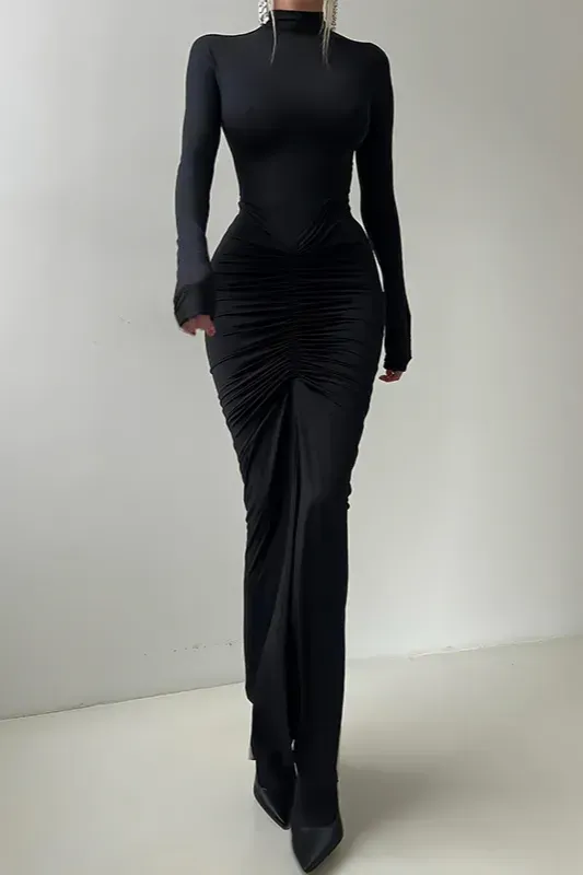 Black Ruched High Neck Maxi Dress - Image 1