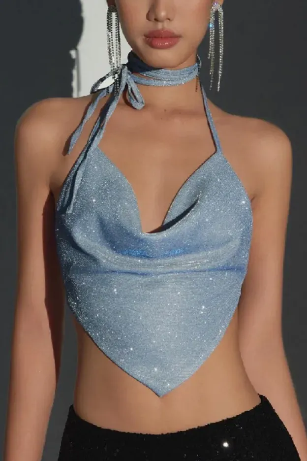 Blue Backless Shimmer Halter Top - Image 1
