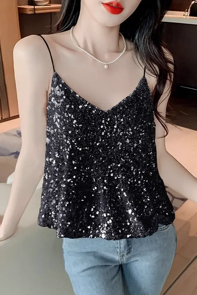 Black Sequined V-Neck Top - Image 1