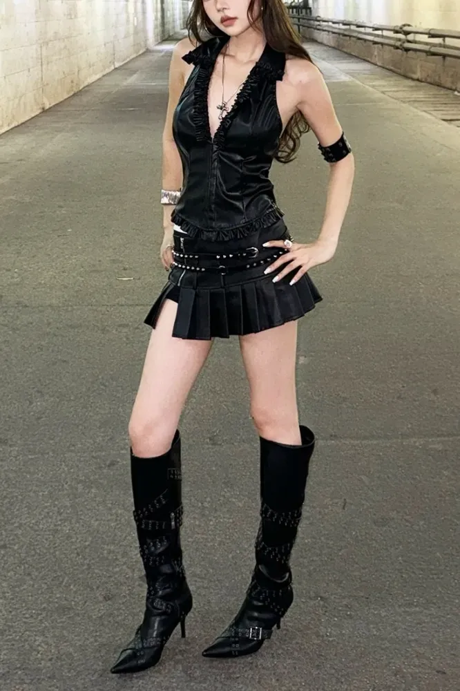 Black Fitted Ruffled Halter Top - Image 1