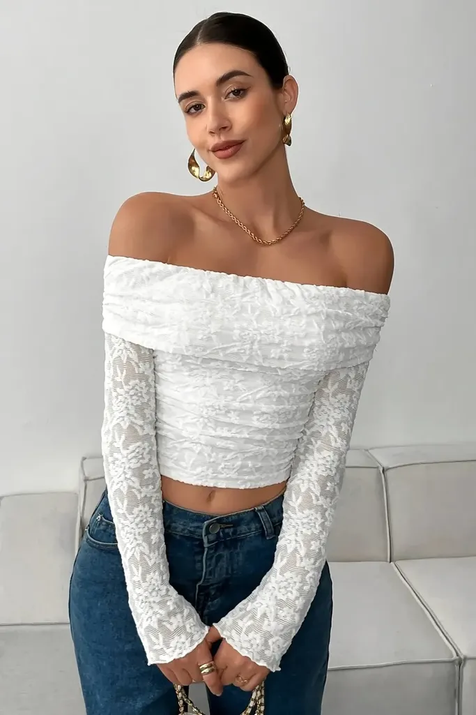 White Lace Off-Shoulder Crop Top - Image 1