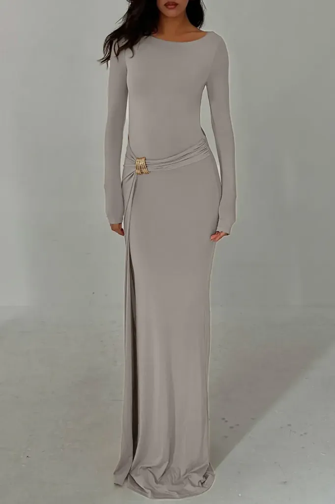 Grey Ruched Boat Neck Maxi Dress - Image 1