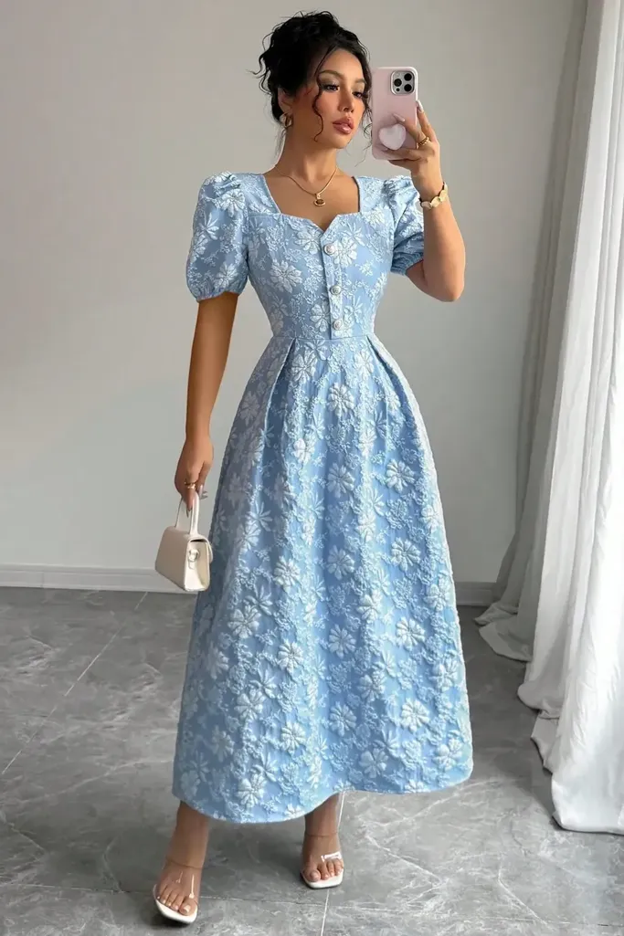 Light Blue Sweetheart Floral Maxi Dress - Image 1