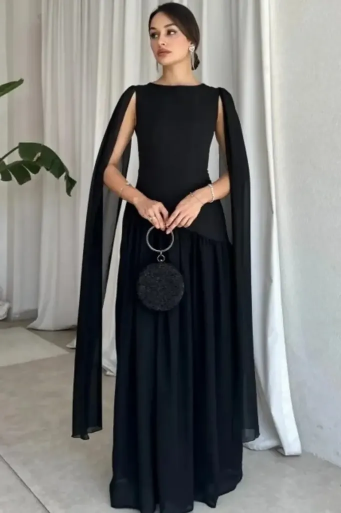 Black Solid Cape Tie-Up Maxi Dress - Image 1