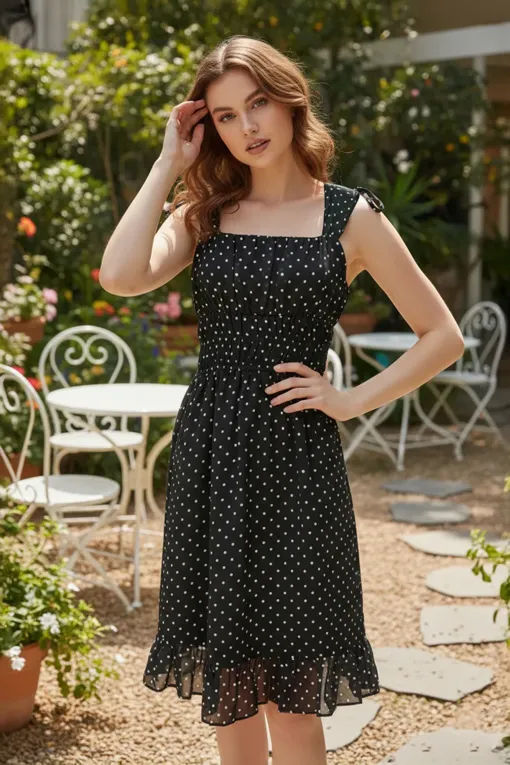 knee length dresses for ladies Black V Neck Polka Dot Midi Dress