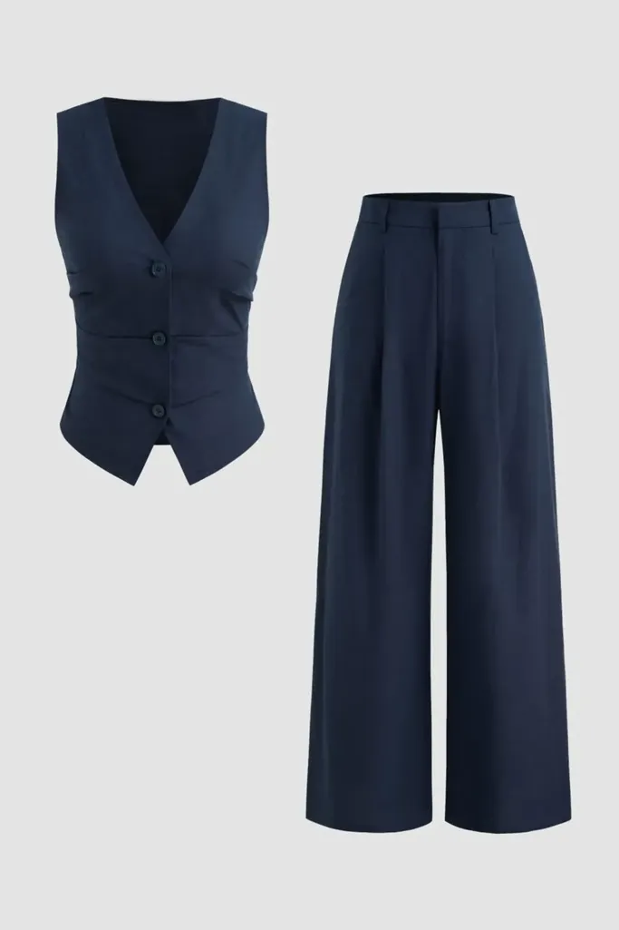 Navy Blue Solid Fitted V-Neck Co-Ord Set - Image 1