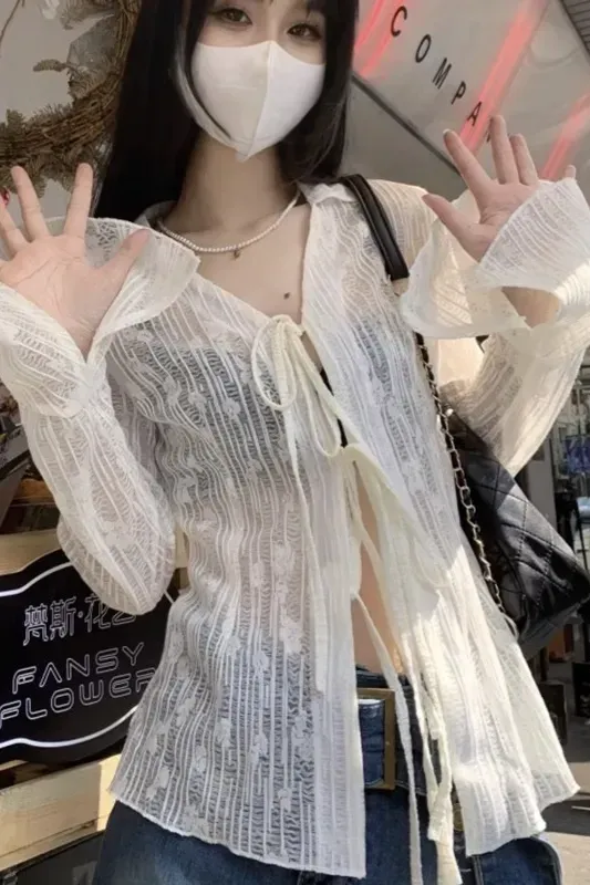 Off White Sheer Tie-Up Top - Image 1