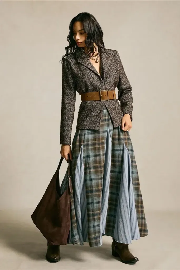 Blue Plaid Circular Maxi Skirt - Image 1