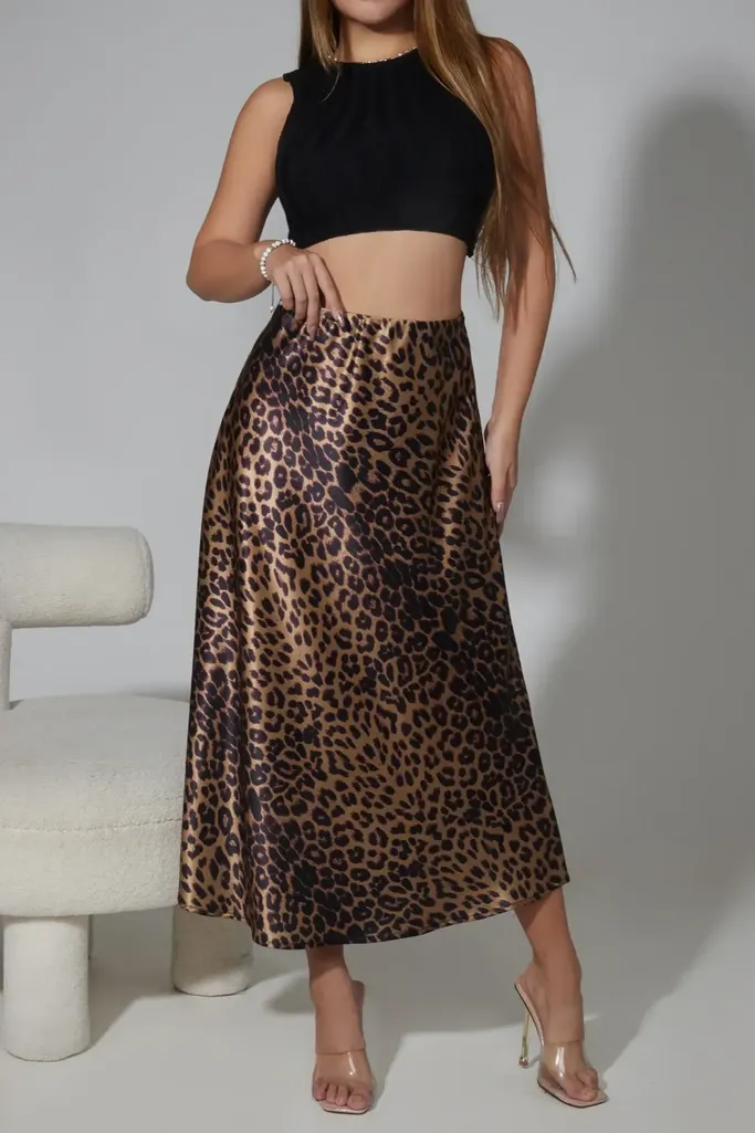 Brown Leopard Print A-Line Midi Skirt - Image 1