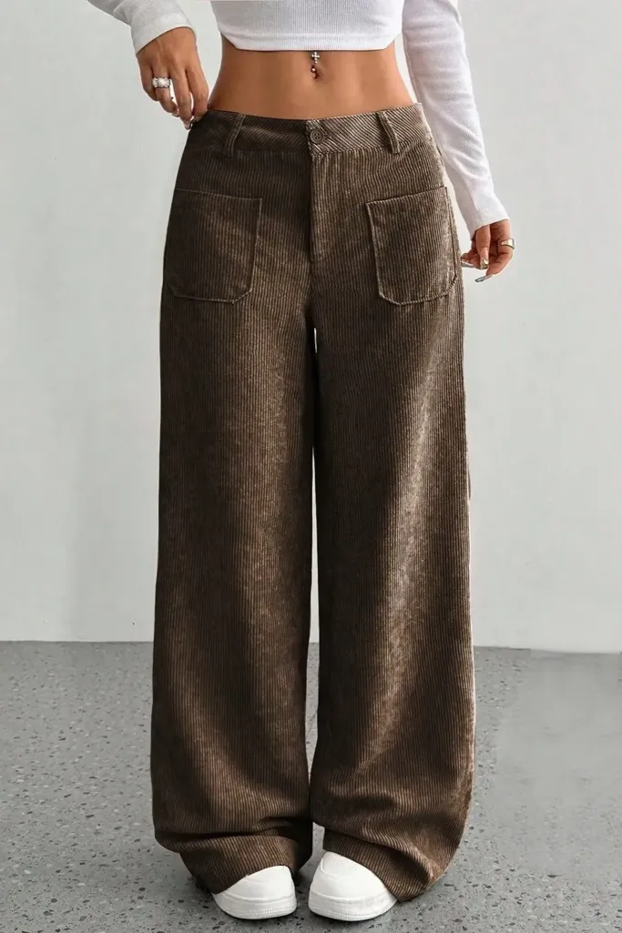 Brown Mid Rise Wide Leg Pants - Image 1