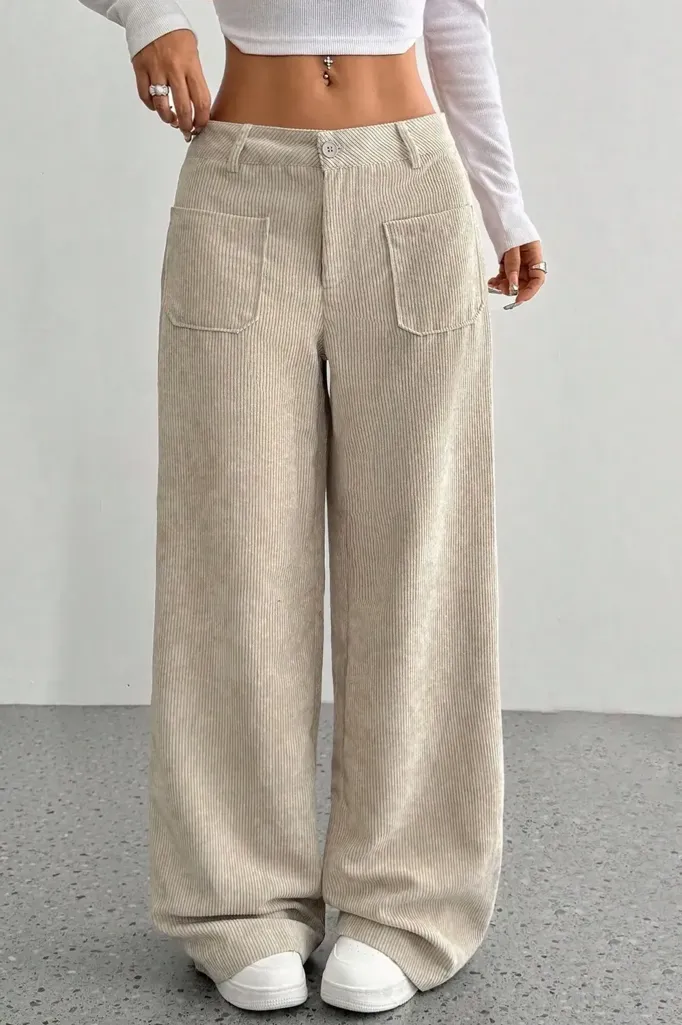 Beige Mid Rise Wide Leg Pants - Image 1