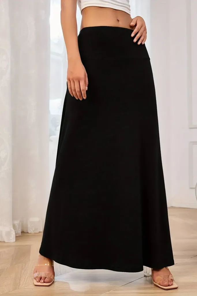 Black Solid A-Line Maxi Skirt - Image 1