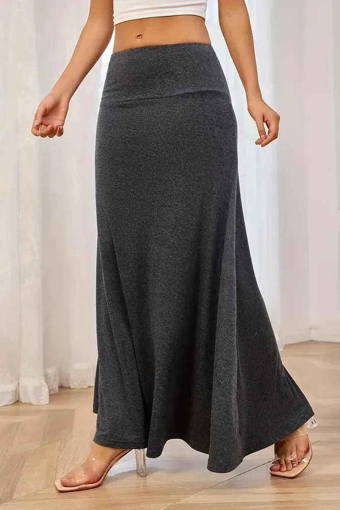 Dark Grey Solid A-Line Maxi Skirt - Image 1