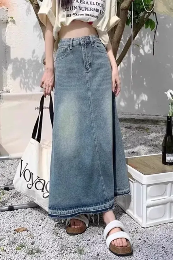 Blue High-Rise Denim Maxi Skirt