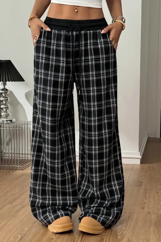 Black Plaid Mid Rise Trackpants - Image 1