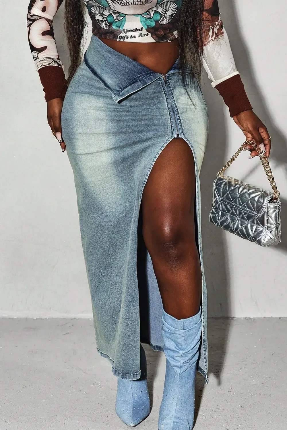 Light Blue High Rise Slit Denim Skirt