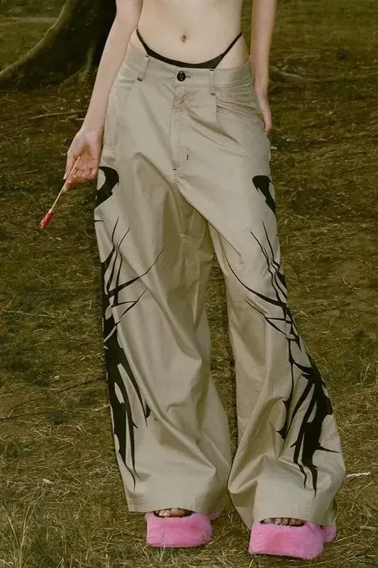 Beige Graphic Mid Rise Pants - Image 1